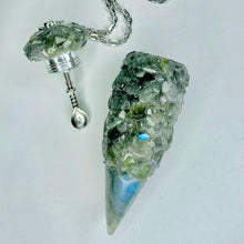 Secret Stash Necklace in full iridescent Labradorite crystals with a matching Labradorite tip and a medium size spoon scoop inside lid.