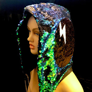 Techno Sequin Hood Rave Music Festival EDC Outfits Custom DirtyBird Symbol Mermaid Campout EDM Fur Infinity Shirt Scarf Spirit Hood Clothing-Rave Fashion Goddess