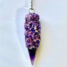 Hidden Compartment Necklace with mixed light and dark purples, magenta, silver, and real stone Amethyst crystals all over and an Amethyst tip closed pendant.