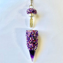 Hidden Compartment Necklace with mixed light and dark purples, magenta, silver, and real stone Amethyst crystals all over and an Amethyst tip with a large shovel style spoon scoop inside the lid.