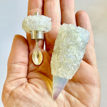 Stash Necklace with Scoop in full crushed iridescent Moonstone crystals with an Opal tip and a large size spoon inside the lid.